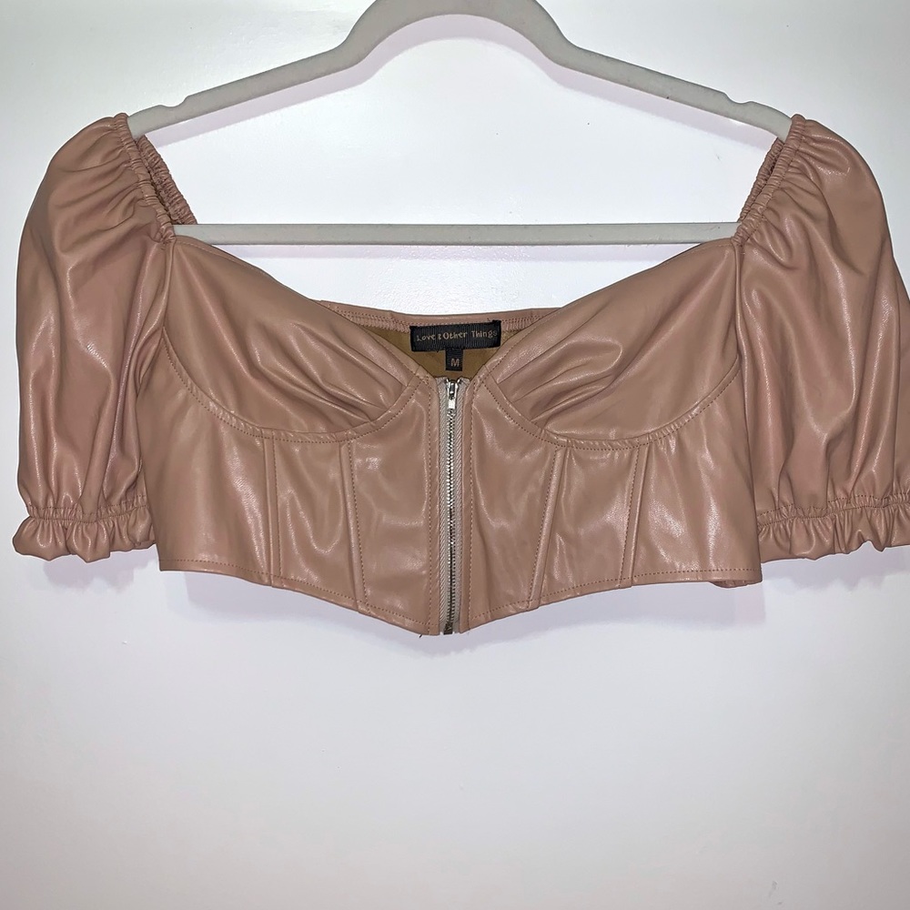 Faux Leather Puff Sleeve Crop Top